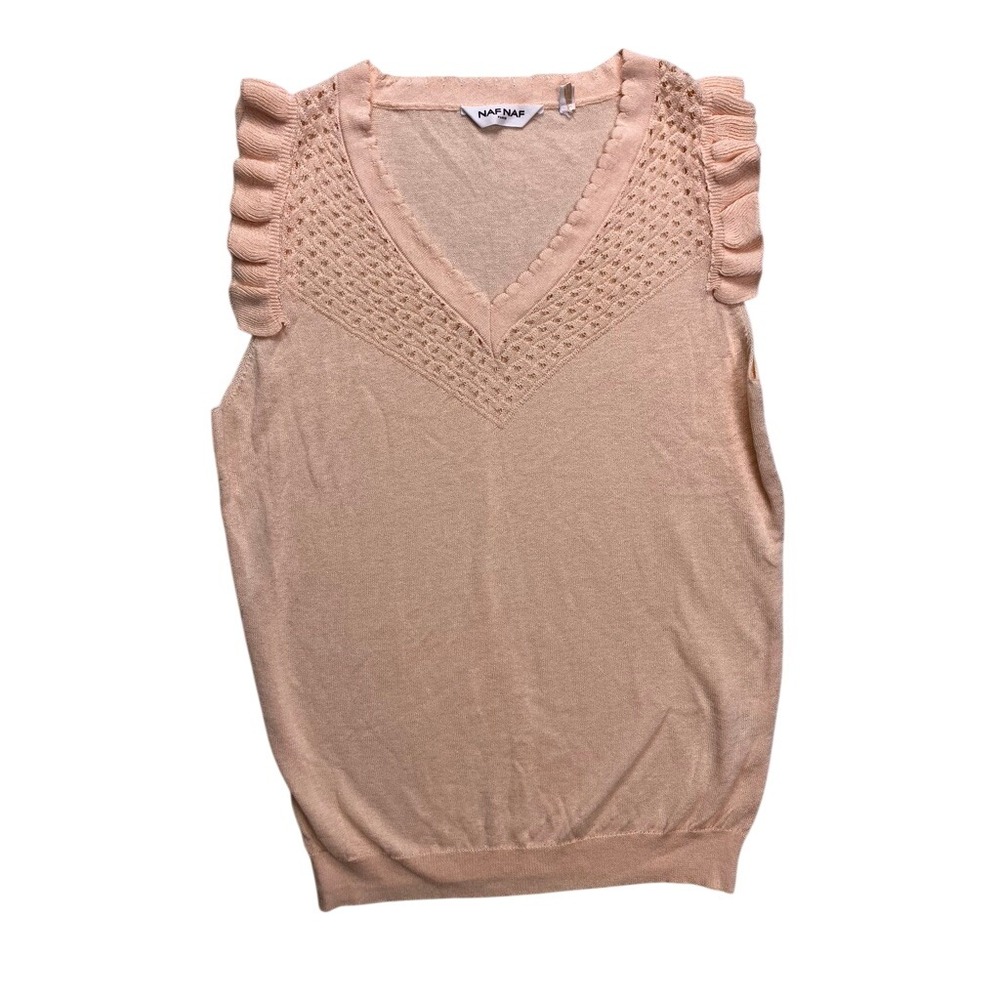 NAF NAF Sweater Vest Women Medium Peach Ruffle Sleeve Pointelle V-Neck THNU129A